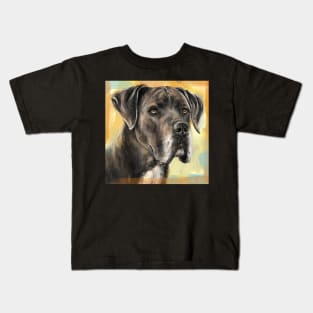Close Up Painting of a Brown Great Dane on a Orange Yellow Background Kids T-Shirt
